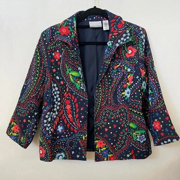 Alfred Dunner 8P Blazer Open Front Pleated 3/4 Sleeve Jacket Floral Colorful MOB - Picture 3 of 9